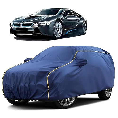 Image of Sulfar 100% Water Resistant Car Body Cover Compatible with Mirror for BMW i8 (Triple Stitched, Full Bottom Elastic, Blue Taffeta with Yellow Piping)
