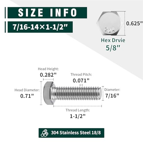Image of (8 Sets) 7 /16-14 x 1-1 /2 inch Hex Bolt and Nut Kit, 304 Stainless Steel (18-8), Fully Threaded, Flat & Lock Washers Included