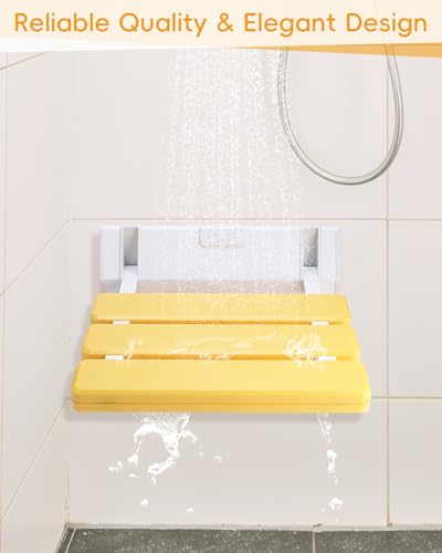 FreeTec Duschklappsitz Duschsitz Klappbar Wandmontage Belastbar bis 130kg Tragkraft Zusammenklappbar Duschhocker Dusche Sitzgelegenheit Stuhl Gelb