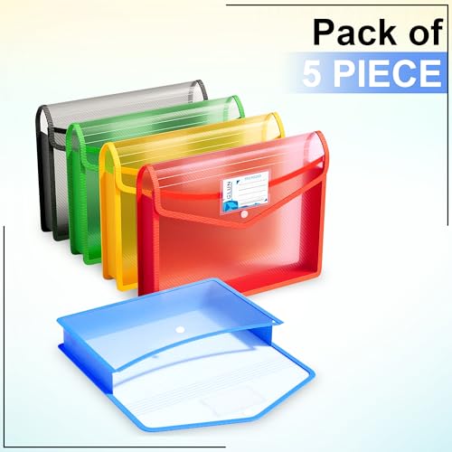 Image of GLUN Pack 5 File Folder A4 Bag Multicolour Cover with Strong Stitch with Handle, Documents File Storage Bag with Snap Button