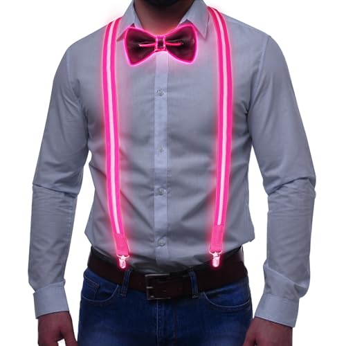 Tulov Lot de 2 bretelles lumineuses à LED pour homme et nœud papillon - Bretelles réglables à LED pour festival de musique, Halloween, fête, Noël, Rose, taille unique
