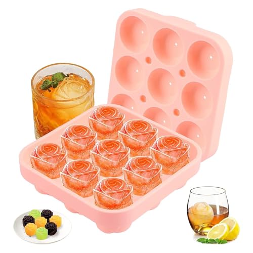 Molde de silicona para cubitos de hielo con tapa, 9 compartimentos para cubitos de hielo 3D rosas con tapa, moldes reutilizables para hielo, whisky y cócteles (rosa)