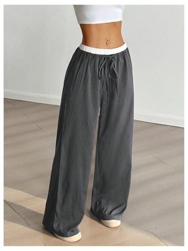 SOLY HUX Women's Striped Wide Leg Pants Drawstring Elastic Waist Baggy Long Pants Trousers4