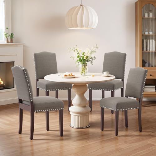 Image of Upholstered Dining Chairs Set of 4 with Thickened Seat Cushion, Wooden Mid-Century Modern Fabric Farmhouse Kitchen Chairs for Dining Room Living /Restaurant /Reading Room
