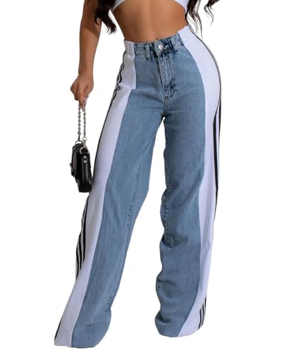 knowfashionstyle Women’s Jeans Wide Leg Patchwork Stripes High Waist Jean Color Block Baggy Straight Trendy Demin Pants