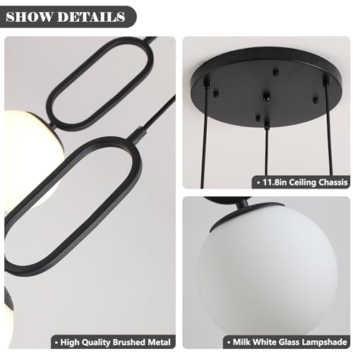 Image of 3-Light Mid Century Modern Pendant Lights Fixture with White Glass Globe Shade Vintage Black Hanging Light Retro Industrial Pendant Light for Bedroom Living Dining Room