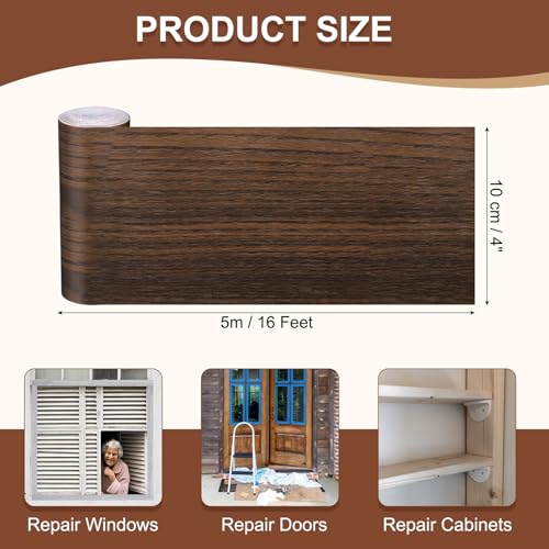 Image of MECCANIXITY Wood Grain Repair Tape, 4 Inch x 16 Feet Self Adhesive Wood Grain Tape Multi-Purpose Wallpaper Border Trim for Furniture Floors Windows Doors Tables Home, Black Brown