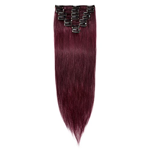 Clip in Hair Extensions Human Hair Wine Red 20" Long Human Hair Clip on Hairpieces 70g 8pcs 18 Clips for Women #99J
