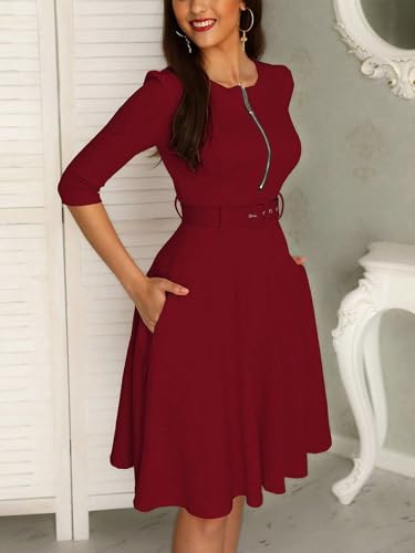 SISKIN Women's 3/4 Sleeve Belted A Line with Pocket Casual Crewneck Waist Swing Dress for Women 20252
