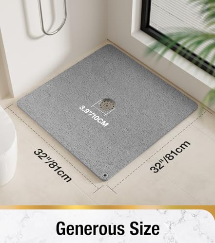 Image of HITSLAM Square Loofah Shower Mat, 32x32 Inch Non Slip Bath Mat, Grey