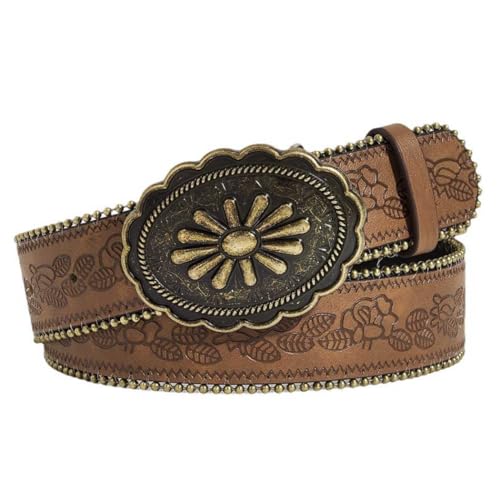 Brown Western Belt for Women Men Country Cowgirls Cowboys Leather Belts Vintage Buckle Waist Belt for Jeans Pant Dress