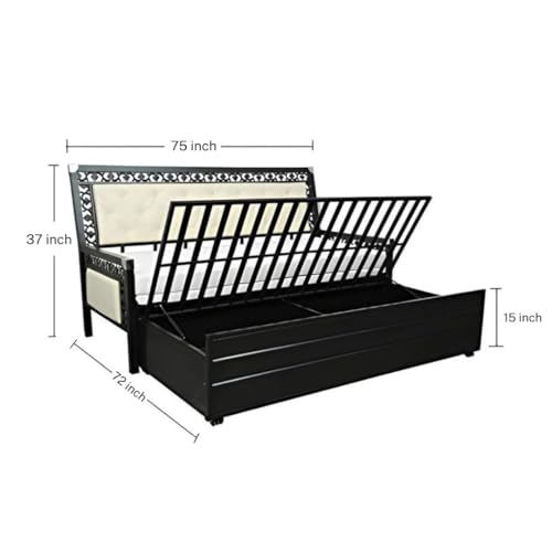 Image of Rexo Metal Sofa Cum Bed with Hydraulic Storage | 3 Seater Convertible Sofa Bed for Living Room | Heavy Duty Metal FrameMatte Black Finish with White Cushion, Single