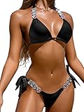 BIKINX Women's Sexy Thong Black Bikini Crystal Side Bottom Triangle Bikini Halter Swimsuits