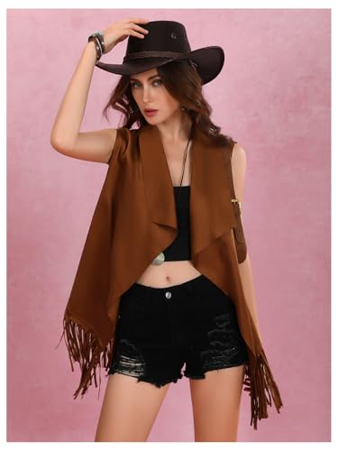 Women's Tassel Vest 70s Hippie Faux Jacket Suede Hippie Fringe Cowgirl Vest Jacket3