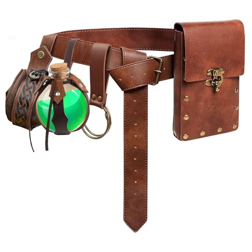 Renaissance Belt Pouch Coin Purse Potion Bottle Skirt Hike Set Medieval Festival Costume Accessories for Halloween (Brown)