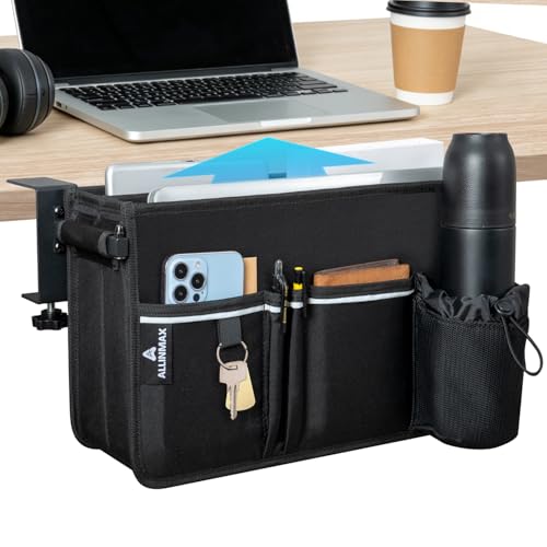 ALLINMAX Side Desk Laptop Holder for Up to 3 Laptops, Side Desk Organizer with Adjustable Divider & Bottle Pocket, Soft-Lined Interior, Clamp Mount Side Desk Storage, Fits 0.6″-3.2″ Flat Edge