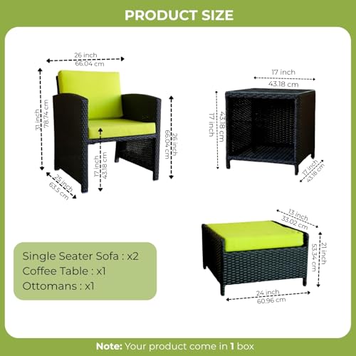 Image of DEVOKO Valencia Outdoor 5 Piece All Weather Rattan Wicker Patio Sofa Set with Water Resistant Cushioned Chairs with Glass Top Table & Ottomans for Garden, Pool, Porch, Backyard (Black & Light Green)