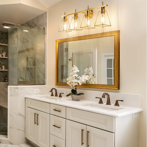 Image of Industrial Bathroom Vanity Lights: 4-Lights Gold Brushed Brass Vintage Metal Cage Wall Lamps - Rustic Farmhouse Light Fixture Over Mirrors Cabinet for Painting Hallway