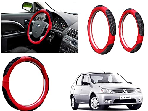 Image of Microfiber Car Steering Wheel Cover, Soft Padding Great Hand Feel, Anti-Slip, Faux Leather Steering Cover for Mahindra Logan | Black Red Jali - Pack of 1