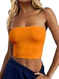 CSDAJIO Women's Casual Ruched Side Strapless Crop Tube Top Ribbed Knit Bandeau Top Summer Skinny Shirt Basic Undershirt Rib Orange Large