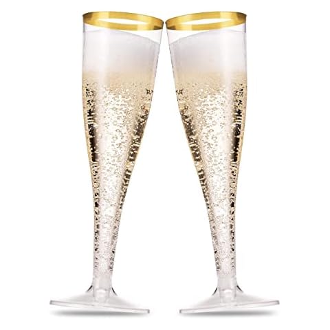 Munfix 50 Pack Gold Rimmed Plastic Champagne Flutes 5 Oz Clear Plastic Toasting Glasses Fancy Disposable Wedding Party Cocktail Cups with Gold Rim Cover