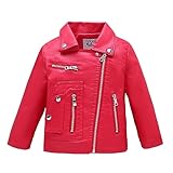 ELUCKFACE Boys Girls Trendy Stand Collar PU Leather Moto Jacket Leather Top Coat Red,7-8Years