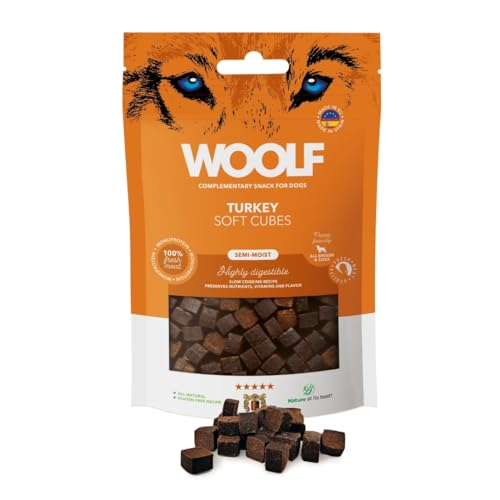 WOOLF Soft Cubes - Snack complementari per cani, snack semi-umidi e senza glutine con ingredienti naturali, formula mono proteica, adatto per cani e cuccioli (tacchino, 100 g)