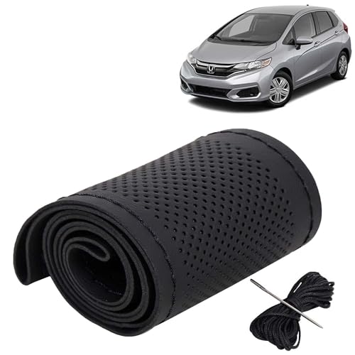 Image of KINGSWAY PU Leatherite Car Steering Cover Sewable Compatible with Honda Jazz (Year 2018 Onwards), Black Color with Black Thread, Pack of 1 with Sewing Needle and Thread
