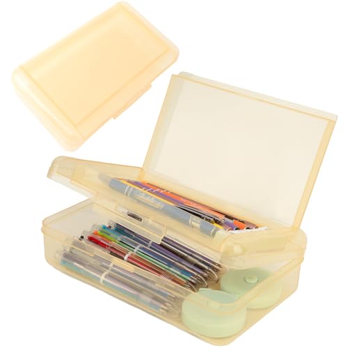 Image of Pencil Case Box, Yellow Double Layer Large Capacity Plastic Pencil Boxs, Clear Hard Pen Case with Snap-tight Lid,Storage Art Craft Box Marker Organizer for Kids Boys Girls Offices School Supplies