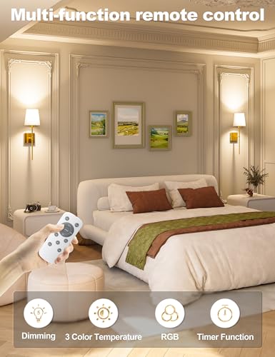 Image of JOFIOS Battery Operated Wall Sconce Set of 2 - Gold Wireless Battery Wall Sconce with 5200mAh Rechargeable Light Bulb and Remote, RGB and Dimmable Cordless Wall Lights for Bedroom, Living Room
