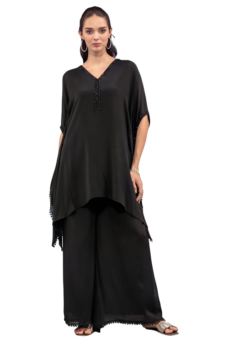 Women's Kaftan Palazzo Set, Black, V-Neck with Embellished Detail, Loose Fit, Two Piece Outfit-picture-31
