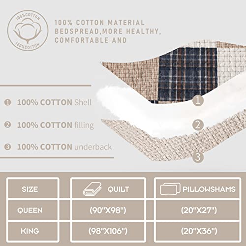 Image of Finlonte Quilt - 100% Cotton Queen Size Bedspreads, Brown Plaid, Lightweight, 3-Pieces