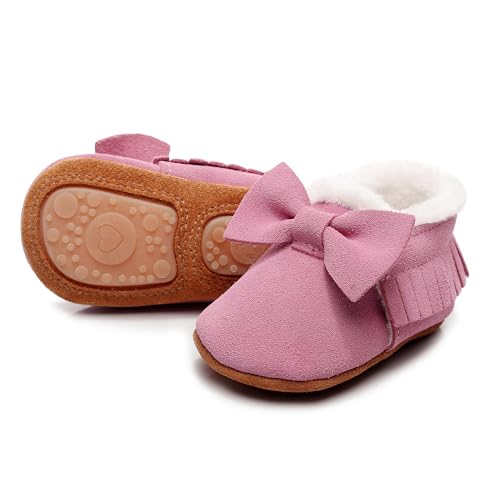 HONGTEYA Baby Moccasins with Fur Fleece Rubber Soles Warm Snow Boots Leather Baby Shoes for Boys Girls…3