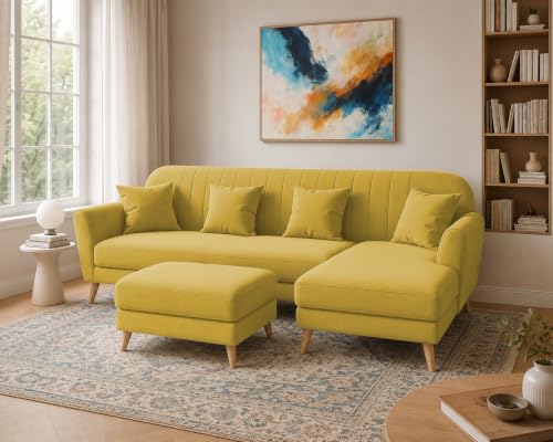 Image of Atticus RHS 6 Seater L Shape Sofa Set with Ottoman Living Room (Yellow Colour Fabric) Premium Fabric Sofa Set for Living Room