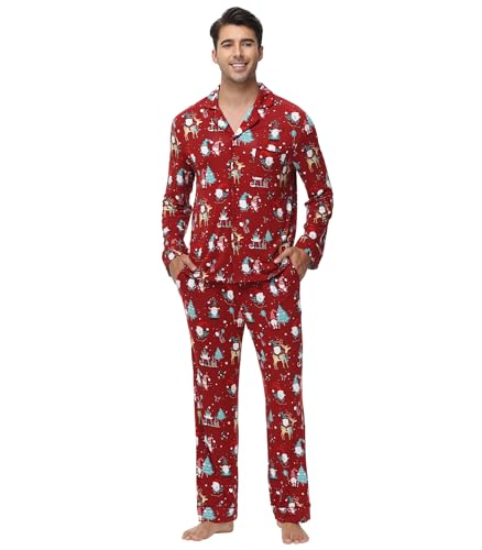 WiWi Bamboo Viscose pajamas for men Soft Loungewear Plus Size Classic Notch Collar Sleepwear Button Up Pajama Sets with Sleep Pants PJ Christmas Elk on Red Large