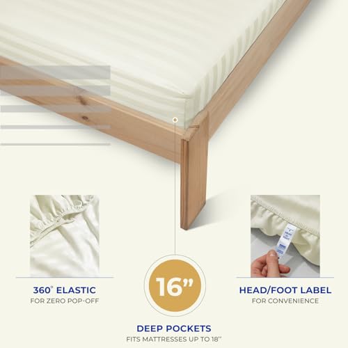 Image of THREAD SPREAD California King Bed Sheets, Luxury 1000 Series Paradise Collection 100% Egyptian Cotton Damask Striped Cal King Sheets Set (4 PC, Ivory Stripe), 16 inch Deep Pocket Hotel Sheet Set
