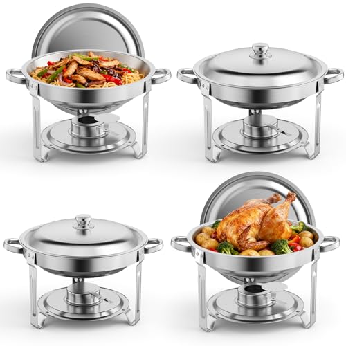 4 Pack Chafing Dish for Buffet, Chafing Dish Buffet Set of 4 with Lids, Round Stainless Steel Chafing Dishes and Food Warmers for Parties, Home, Christmas Gatherings, Catering Events