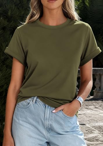 Image of PRETTYGARDEN Womens Summer Tops Short Sleeve Shirts | Lightweight Stretchy Knit,Rolled Sleeves,Crewneck Basic Tees,Loose Fit Daily T Shirt,Casual Work Travel Vacation Outfits