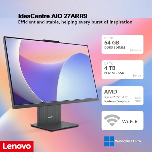 Image of Lenovo IdeaCentre 27 Inch AIO Desktop, FHD Touchscreen, AMD 8-Core Ryzen 7 7735HS (Base 3.2GHz), 16GB DDR5 RAM, 512GB SSD, Windows 11, WiFi 6, Wireless Keyboard & Mouse, Wireless Charging Base