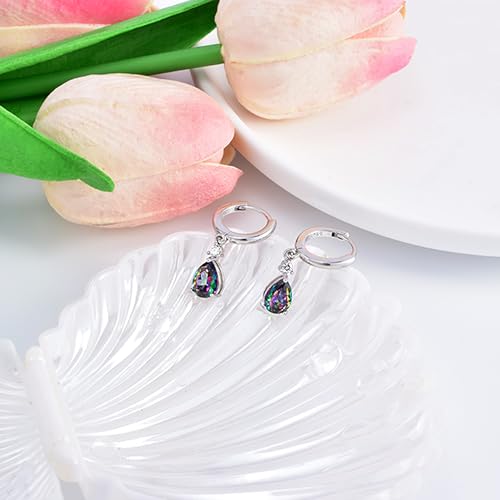 Hoop Earrings with Dangle Charm for Women Sterling Silver Small Mystic Rainbow Topaz Earrings CZ Quartz Teardrop Dangle Multicolor Pear Drop Huggie Earrings Gift for Wife Daughter Mother Birthday4