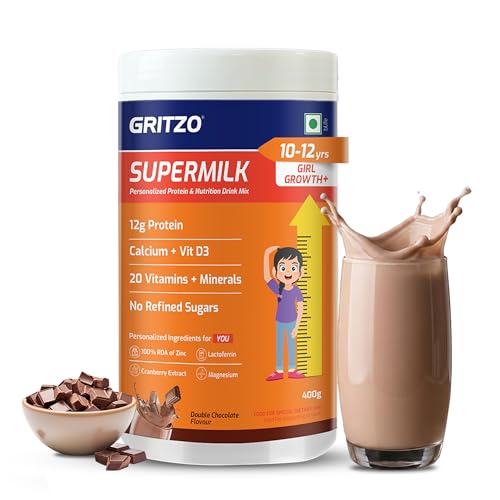 Image of Gritzo SuperMilk Growth+ (10-12y Girl), Double Chocolate, 400g | 12g Protein with 20 Vitamins & Minerals | Zero Refined Sugar