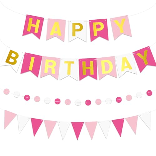 Image of Pink Happy Birthday Banner Pre-strung Happy Birthday Bunting Banner with Golden Letters Rose Pennant Flags Sparkle Birthdays Decor Pink Themed Party Supplies for Women Girls Kids Adults