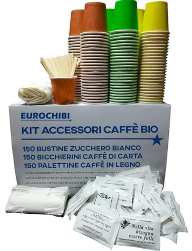 EUROCHIBI KIT Accessoires CAFÉ Bio avec 150 SACHETS DE Sucre + 150 GOBELETS en Papier + 150 AGITATEURS en Bois Ligne BIODÉGRADABLE COMPOSTABLE Recyclable