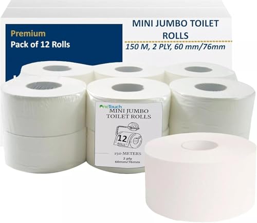 Mini Jumbo Toilet Rolls Pack of 12 2 Ply White Commercial Toilet Paper 150m Long Rolls 76mm Core Premium Toilet Tissue for Offices Schools Restaurants & Washrooms (76mm Core)