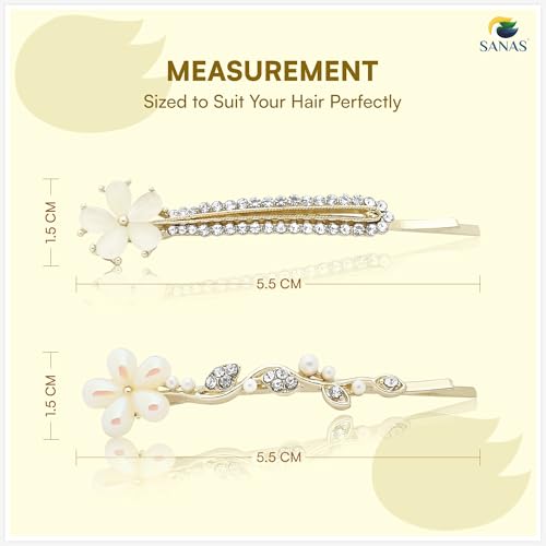 Image of Sanas Bobby Pins For Women Stylish (2Pcs) Hair Pins For Hair Styling Accessories For Woman Stylish Clips For Girls Pearl Hair Accessories For Women Wedding Accessories For Girls Trendy (2Pcs) (Golden)