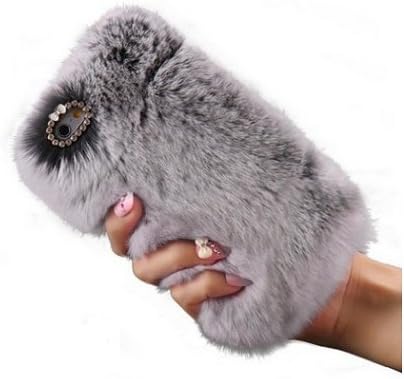 YOQXHY Fur Case Compatible for iPhone 6S Plus Case (5.5 Inch),Winter Soft Warm Cute Fluffy Furry Cover Rabbit Fur Case with Diamond Crystal Bowknot, (Gray)