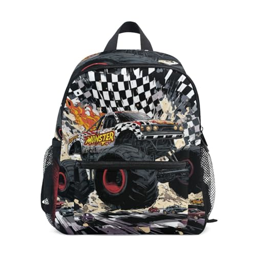 SHJI Mochila infantil xadrez personalizada Monster Truck mochila escolar infantil com etiqueta de nome para meninos e meninas de 3 a 8 anos, P, Multicolorido 1, Small