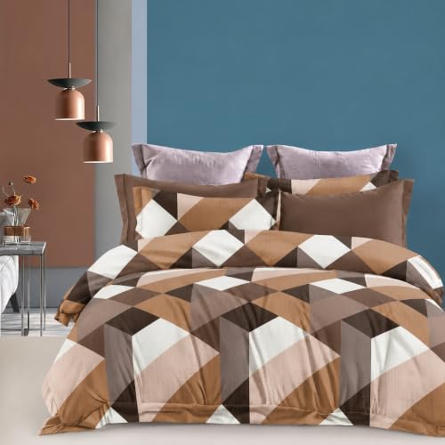 Image of DECOR2ADMIRE 300TC Premium Glace Cotton Printed Super King Size Double Bedsheet with Two Pillow Covers, 108 * 108 Inches or 9ft by 9ft or 275 cm x 275 cm (Brown Check Print)