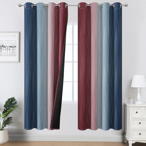 Image of Estelar Textiler Navy Blue and Burgundy Red Ombre Blackout Curtains for Living Room,Energy Efficient Room Darkening Drapes, Grommet Thermal Insulated Window Treatments for Bedroom,52Wx72L,2 Panels