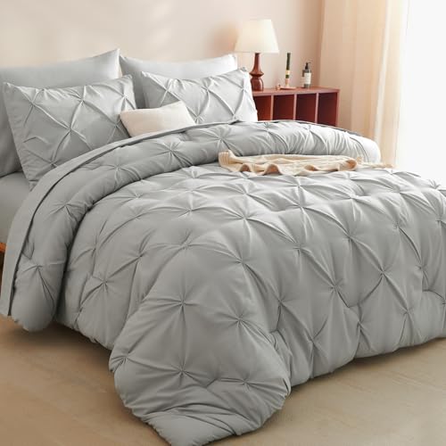 CozyLux Twin XL Comforter Set Light Grey, 5 Pieces Twin Extra Long Pintuck Bed in A Bag for College Dorm, Pinch Pleat Bedding Set with Comforter, Sheets, Pillowcase & Sham